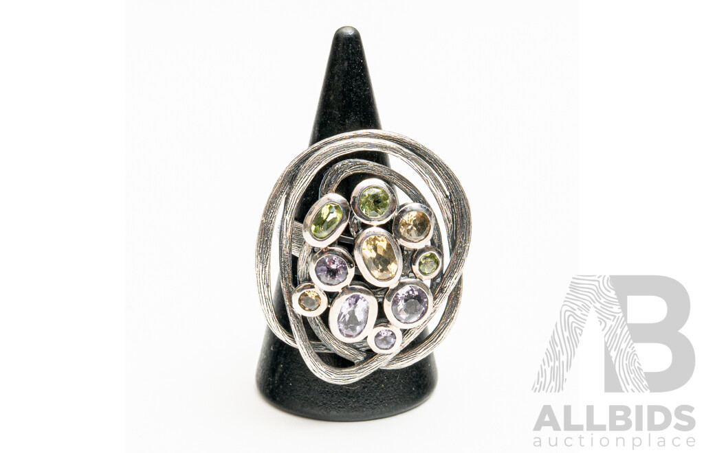 Sterling Silver Hand Finished Gemstone Cluster Ring, Size N, 10.34 Grams