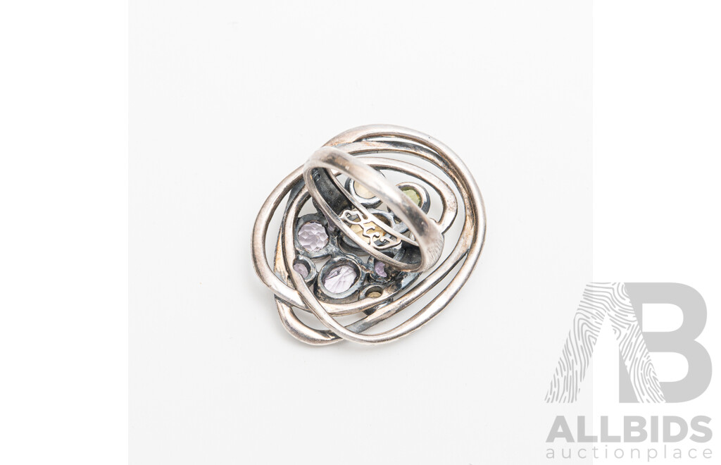 Sterling Silver Hand Finished Gemstone Cluster Ring, Size N, 10.34 Grams