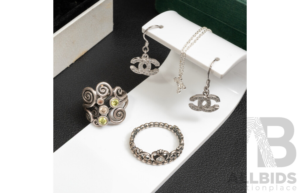 Pandora Tiara Ring & Autumn Winds Ring, MHJ Sterling Silver Cross Necklace & CC Earrings - All in Original Presentation Boxes