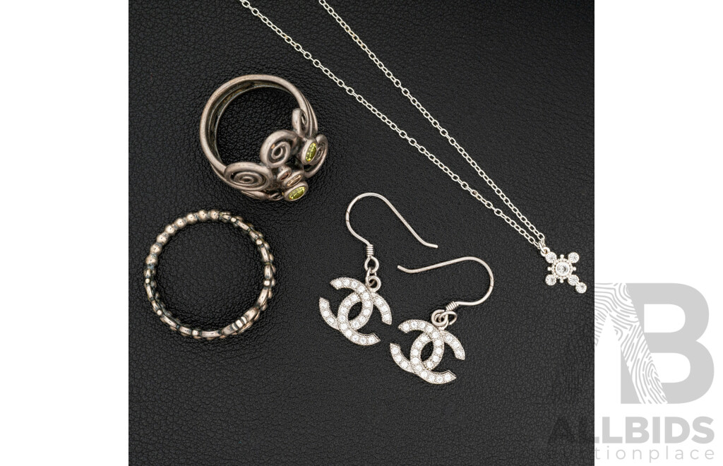 Pandora Tiara Ring & Autumn Winds Ring, MHJ Sterling Silver Cross Necklace & CC Earrings - All in Original Presentation Boxes