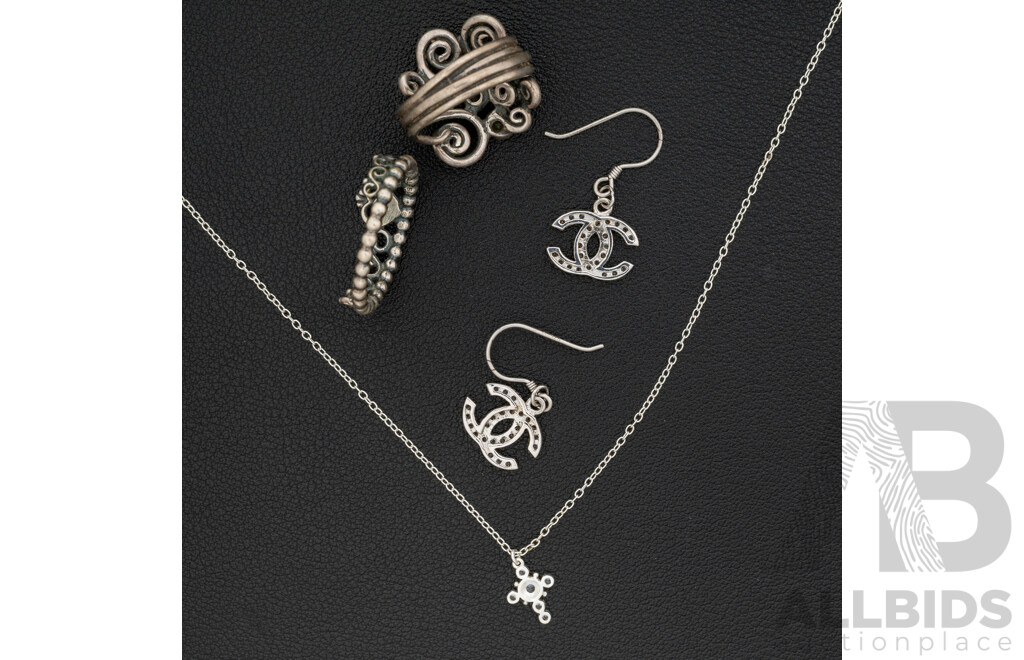 Pandora Tiara Ring & Autumn Winds Ring, MHJ Sterling Silver Cross Necklace & CC Earrings - All in Original Presentation Boxes