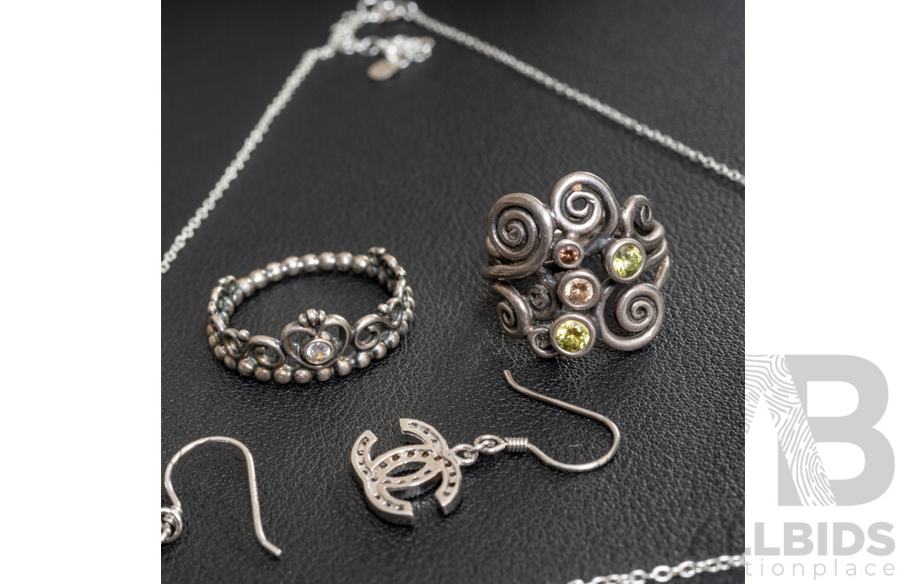 Pandora Tiara Ring & Autumn Winds Ring, MHJ Sterling Silver Cross Necklace & CC Earrings - All in Original Presentation Boxes