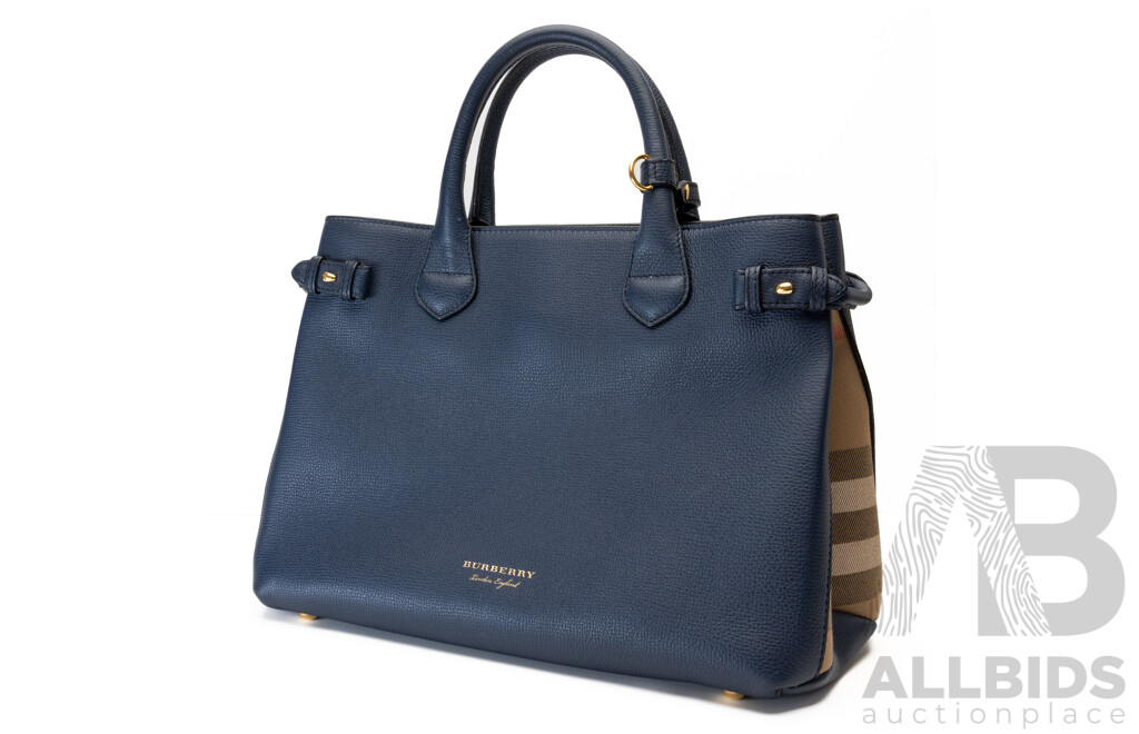 Burberry House Check Derby Navy Leather Tote Bag