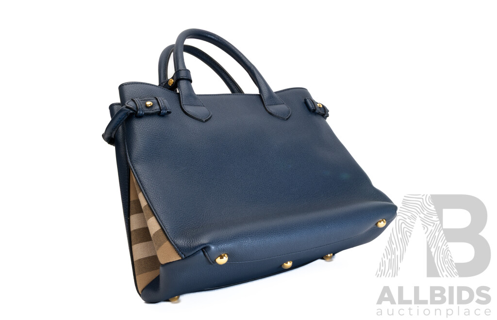 Burberry House Check Derby Navy Leather Tote Bag