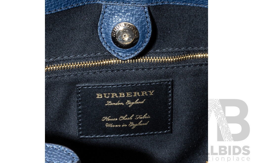 Burberry House Check Derby Navy Leather Tote Bag