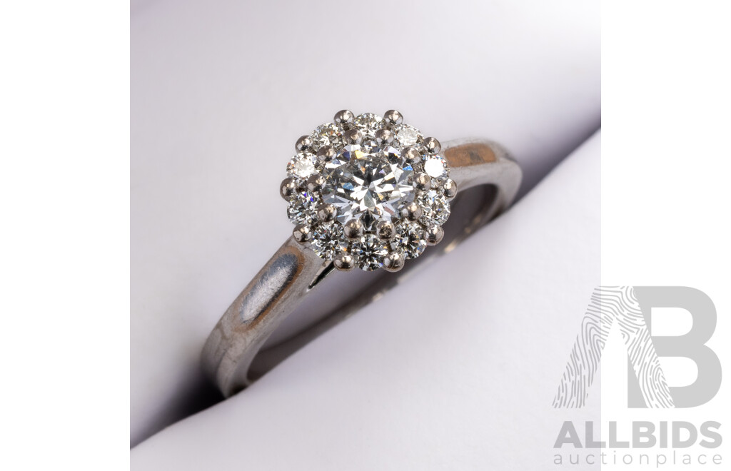 18ct 'Hearts on Fire' White Gold Diamond Halo Engagment Ring, GIA Certified Centre 0.31ct Diamond, TDW 0.50ct, Size K, 4.39 Grams