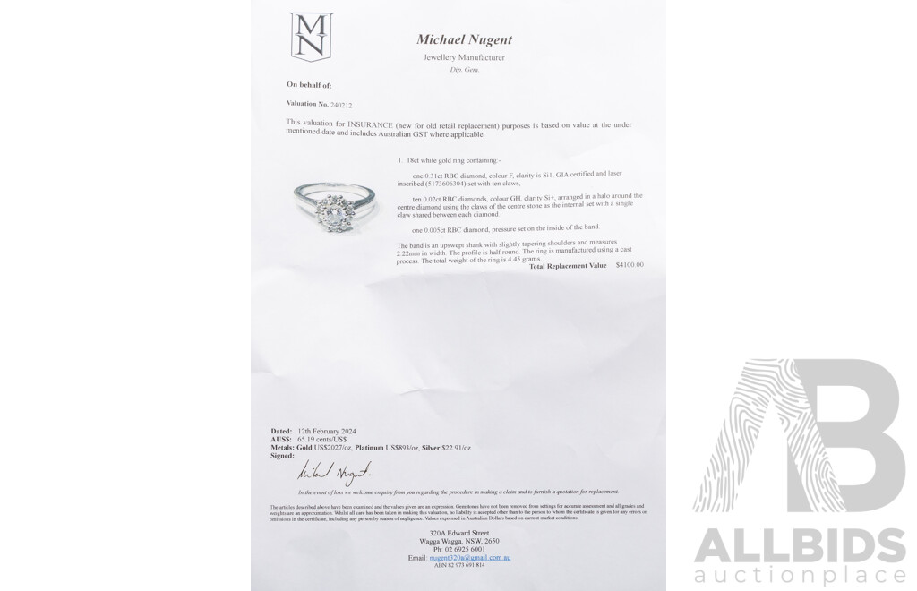 18ct 'Hearts on Fire' White Gold Diamond Halo Engagment Ring, GIA Certified Centre 0.31ct Diamond, TDW 0.50ct, Size K, 4.39 Grams