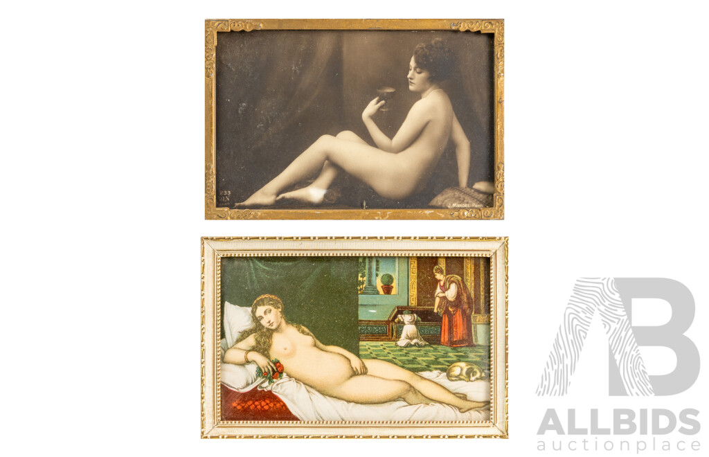 Julien Mandel (19/20th Centuries, French, 1893-1966), Nude with Drink, Original Antique Photograph, Alongside Tiziano, Venere Con Cagnolino, Vintage Italian Postcard, 9H x 14W cm (frames both) (2)