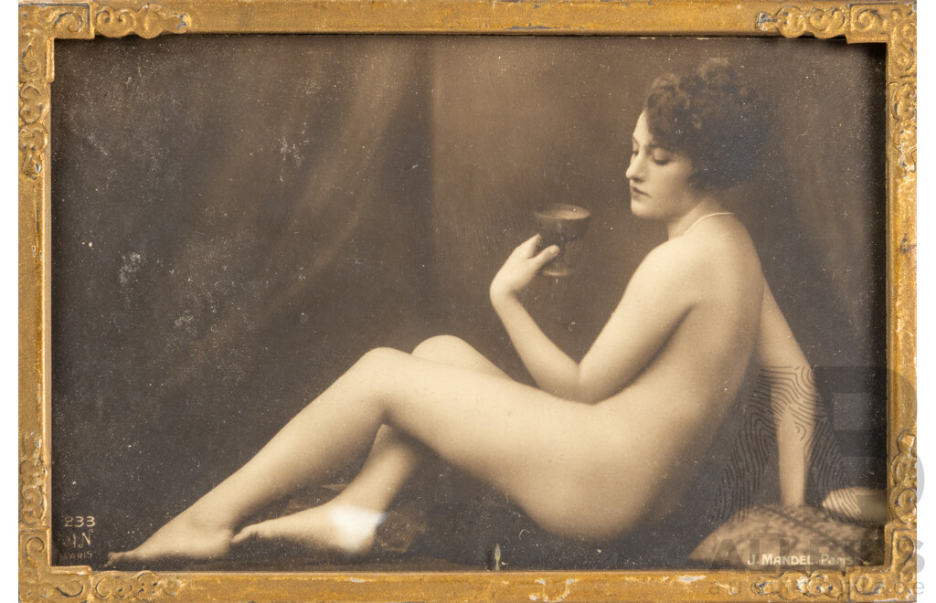 Julien Mandel (19/20th Centuries, French, 1893-1966), Nude with Drink, Original Antique Photograph, Alongside Tiziano, Venere Con Cagnolino, Vintage Italian Postcard, 9H x 14W cm (frames both) (2)