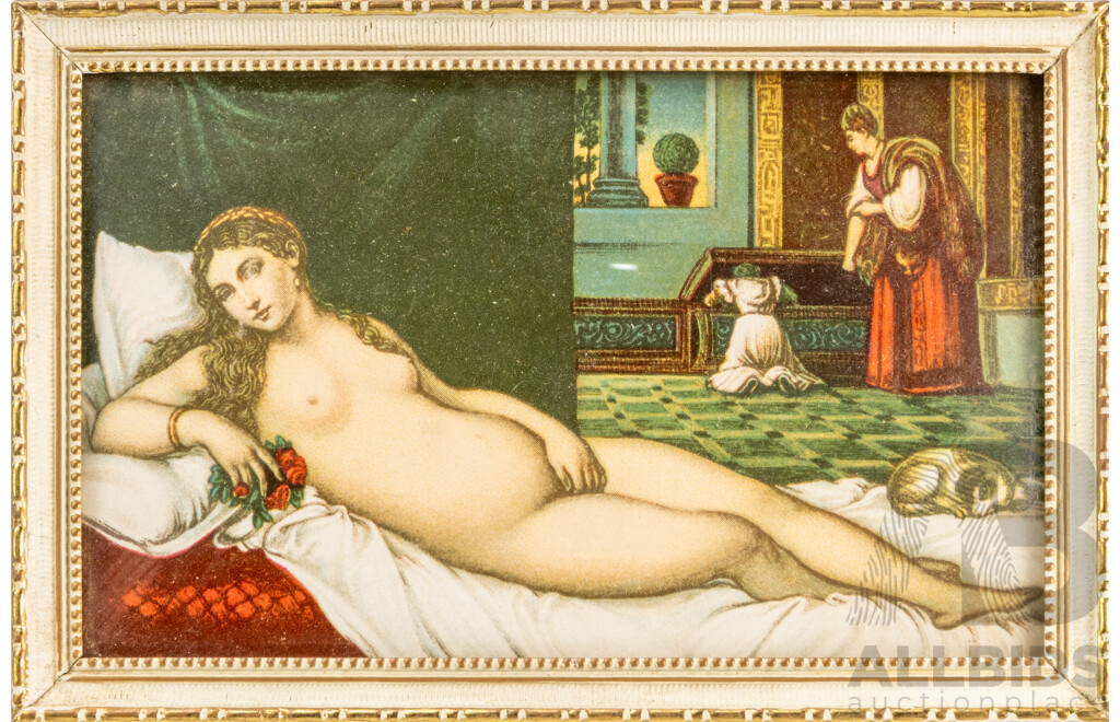 Julien Mandel (19/20th Centuries, French, 1893-1966), Nude with Drink, Original Antique Photograph, Alongside Tiziano, Venere Con Cagnolino, Vintage Italian Postcard, 9H x 14W cm (frames both) (2)