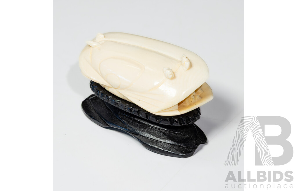 Chinese Hand Carved Ivory Scene in Carved Ivory Bi Valve Seashell on Wooden Stand