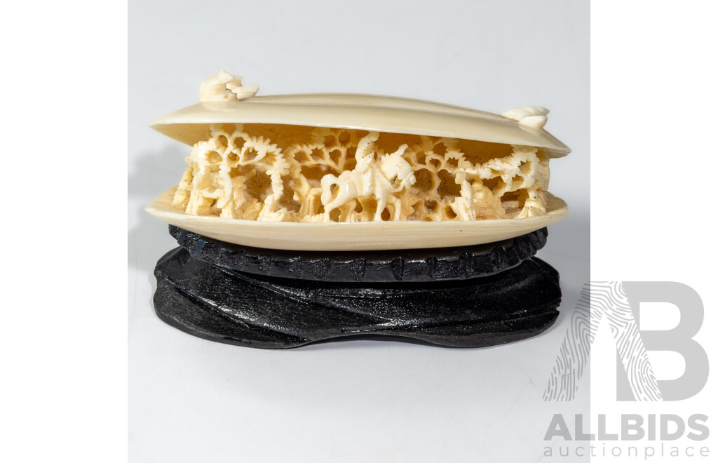 Chinese Hand Carved Ivory Scene in Carved Ivory Bi Valve Seashell on Wooden Stand