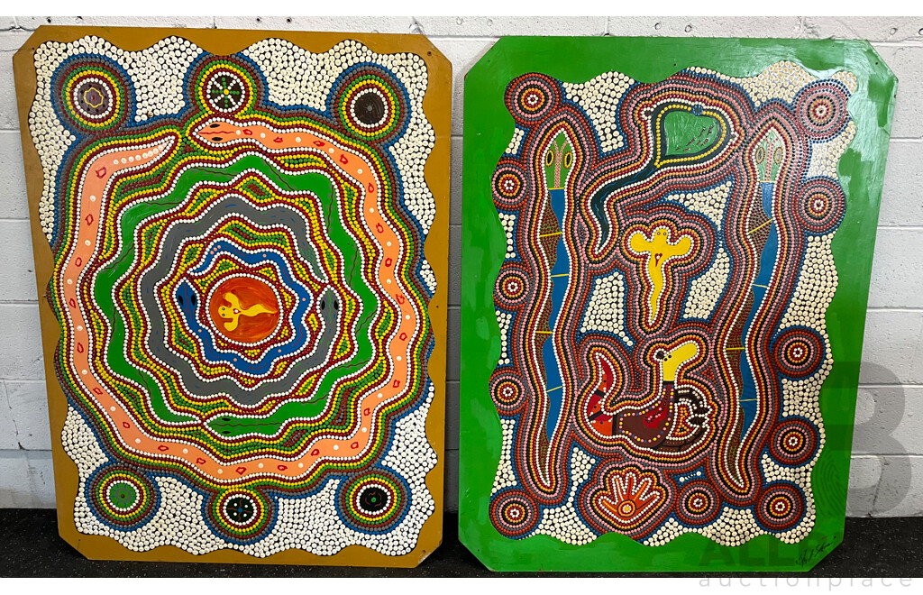 Two Aboriginal Artworks on Board Signed 'R.A. Shan' - Lot of 2