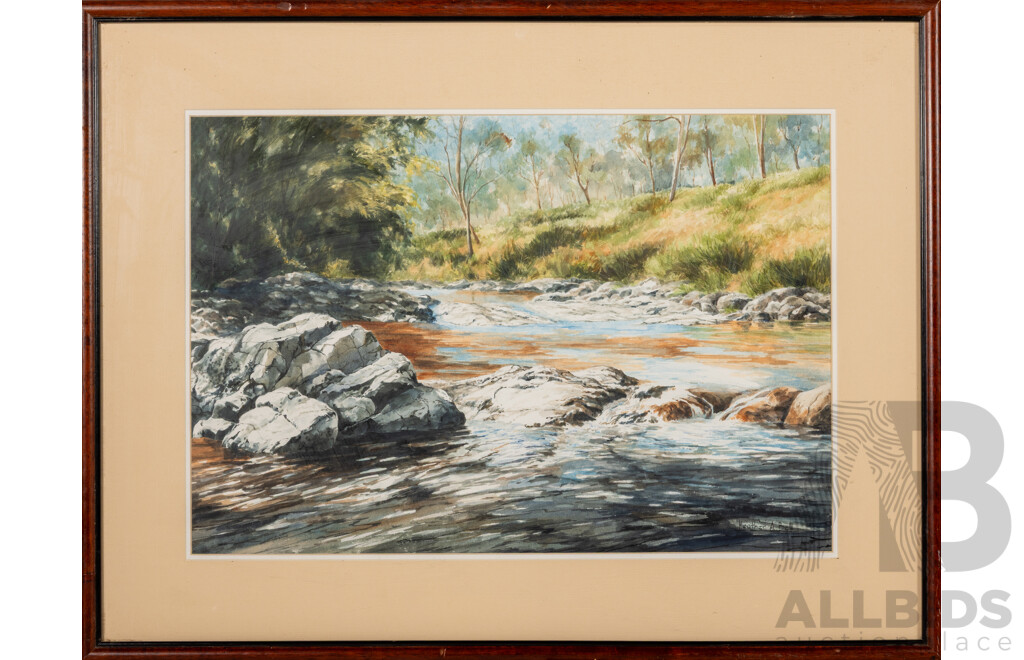 Heather A.Bell (20th Century, Australian, 1936-), Landscape - Outback Creek, Wonderful Original Vintage Watercolour, 56 x 73 cm (frame)