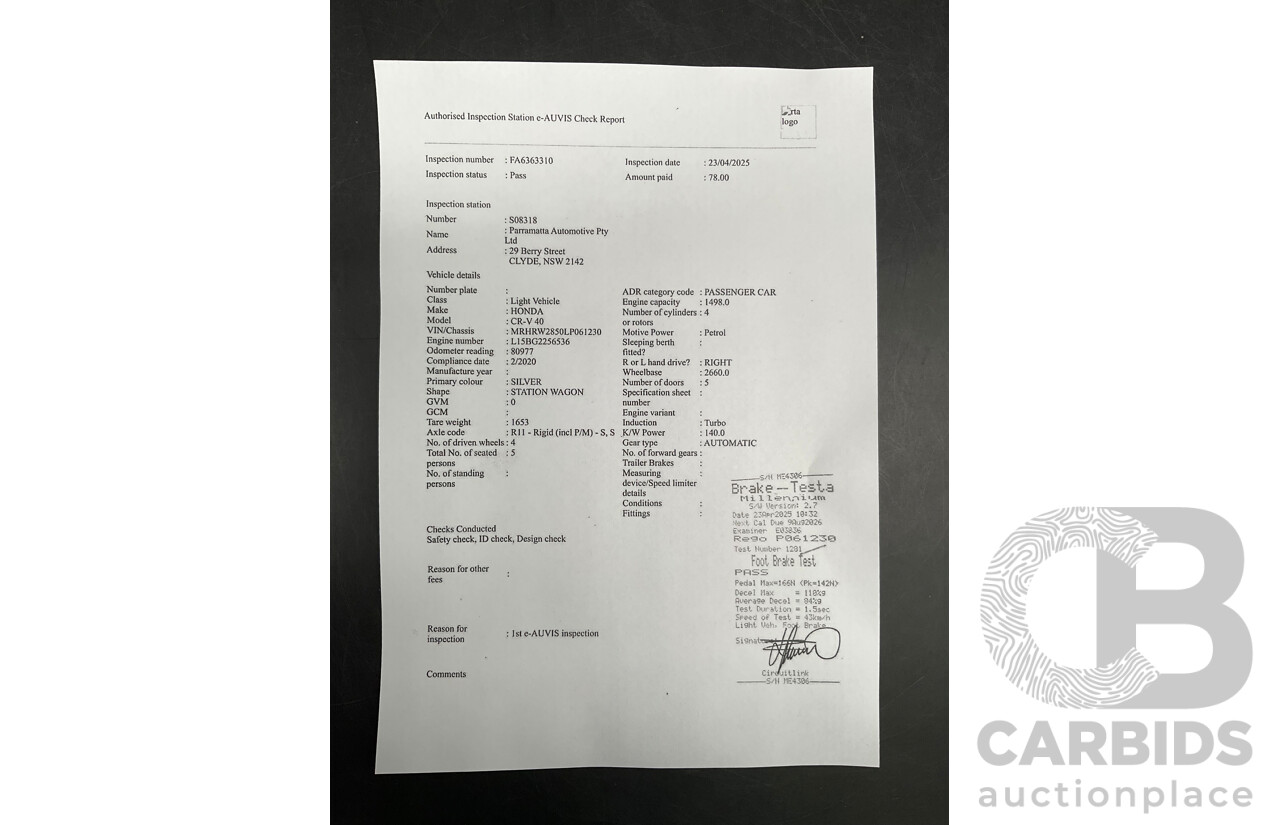 02/2020 Honda CR-V VTi-S (AWD) MY20 4d Wagon Lunar Silver Metallic Turbo 1.5L