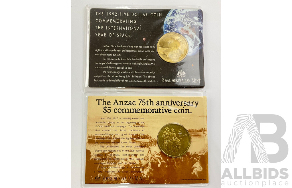 Australian 1990 RAM Anzac, 1992 Year of Space $5 Coins