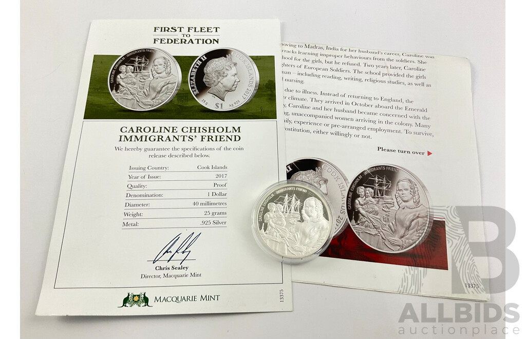 Australian 2017 First Fleet, Caroline Chisholm Silver Proof $1 Coin. 25 Grams 40mm