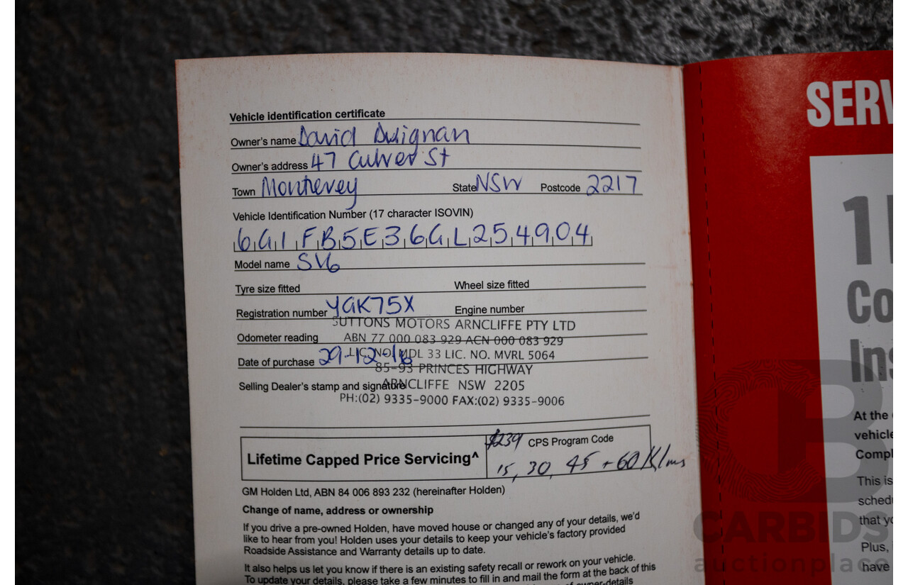 10/2016 Holden Commodore SV6 BLACK EDITION RWD VFII MY16 4D Sedan Heron White 3.6L