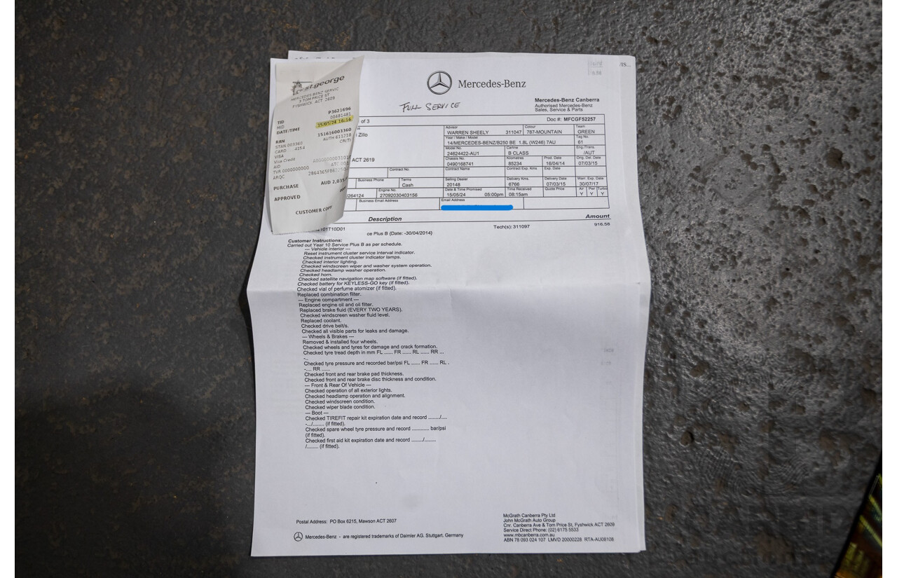 6/2014 Mercedes-Benz B250  246 MY14 5d Hatchback Mountain Metallic Grey 2.0L