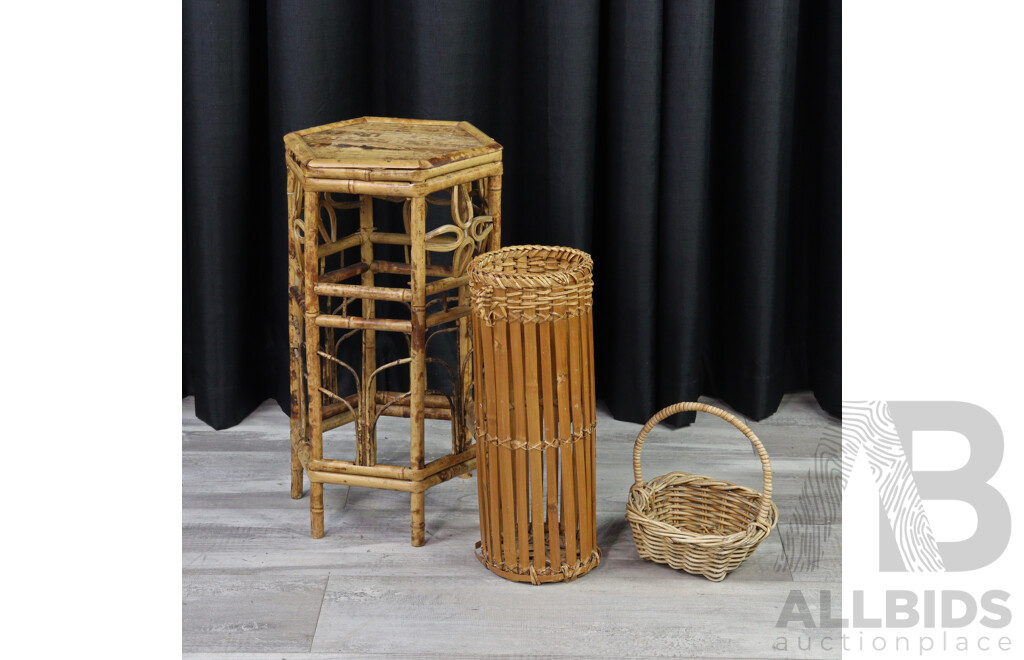 Collection of Cane Items Including Tiger Cane Plant Stand, Stick Stand and Basket