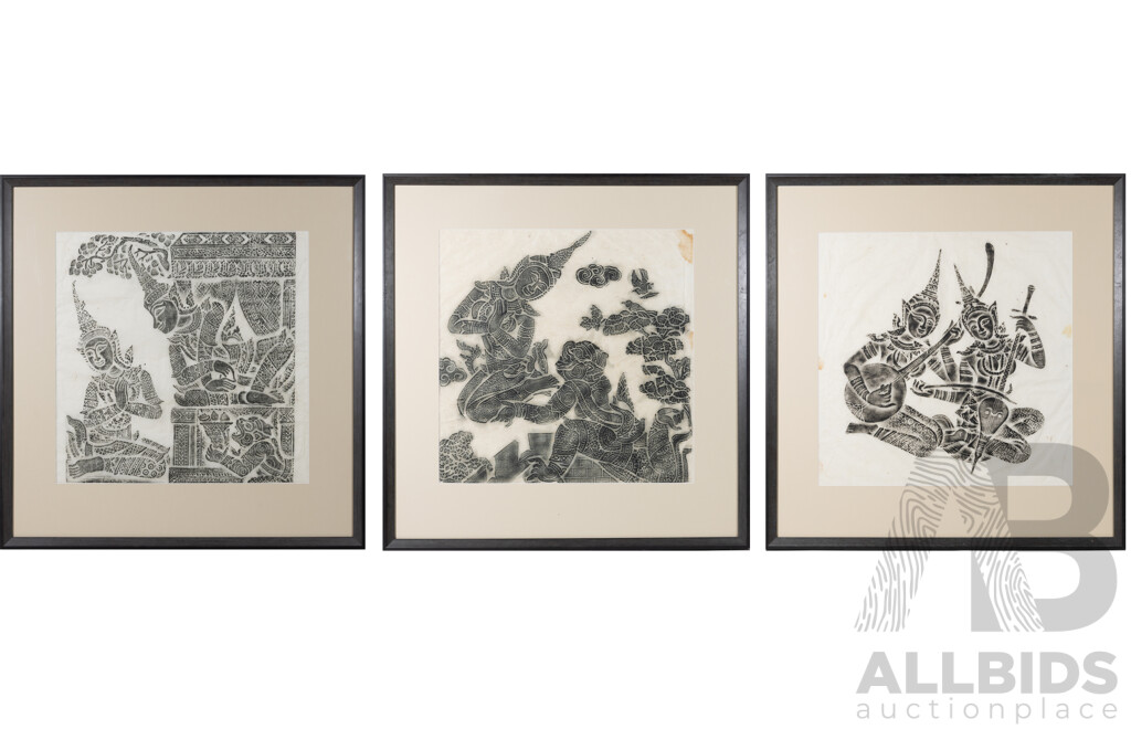 Artist Unknown (20th Century, Thai School), Collection of Three Vintage Charcoal Temple Rubbings on Mulberry Paper, 64 x 61.5 cm (frames) (3)