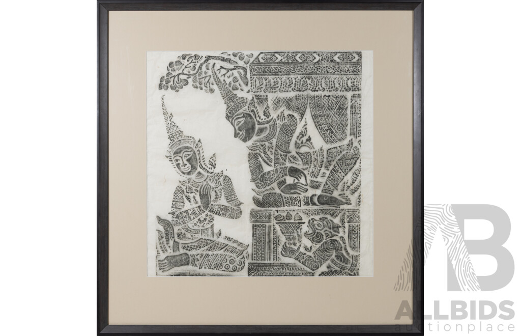 Artist Unknown (20th Century, Thai School), Collection of Three Vintage Charcoal Temple Rubbings on Mulberry Paper, 64 x 61.5 cm (frames) (3)