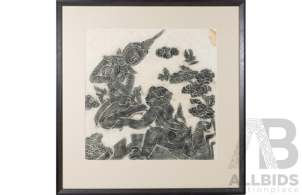 Artist Unknown (20th Century, Thai School), Collection of Three Vintage Charcoal Temple Rubbings on Mulberry Paper, 64 x 61.5 cm (frames) (3)