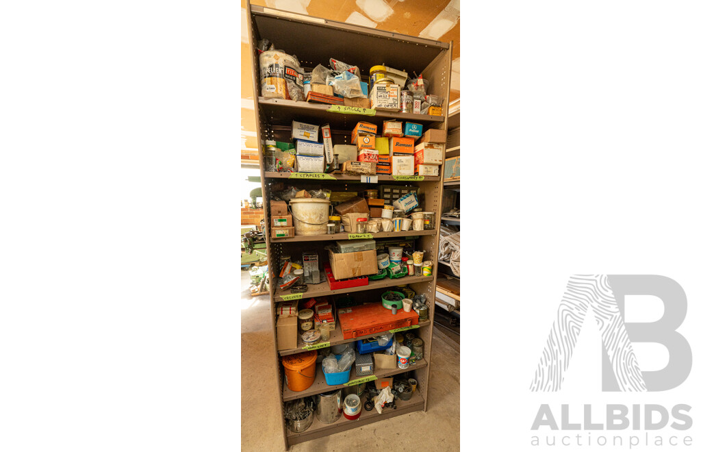 2 Bay of Metal Shelving with Various Hardware ETC