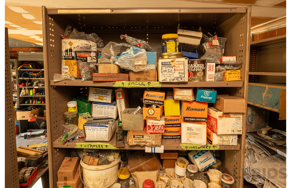 2 Bay of Metal Shelving with Various Hardware ETC