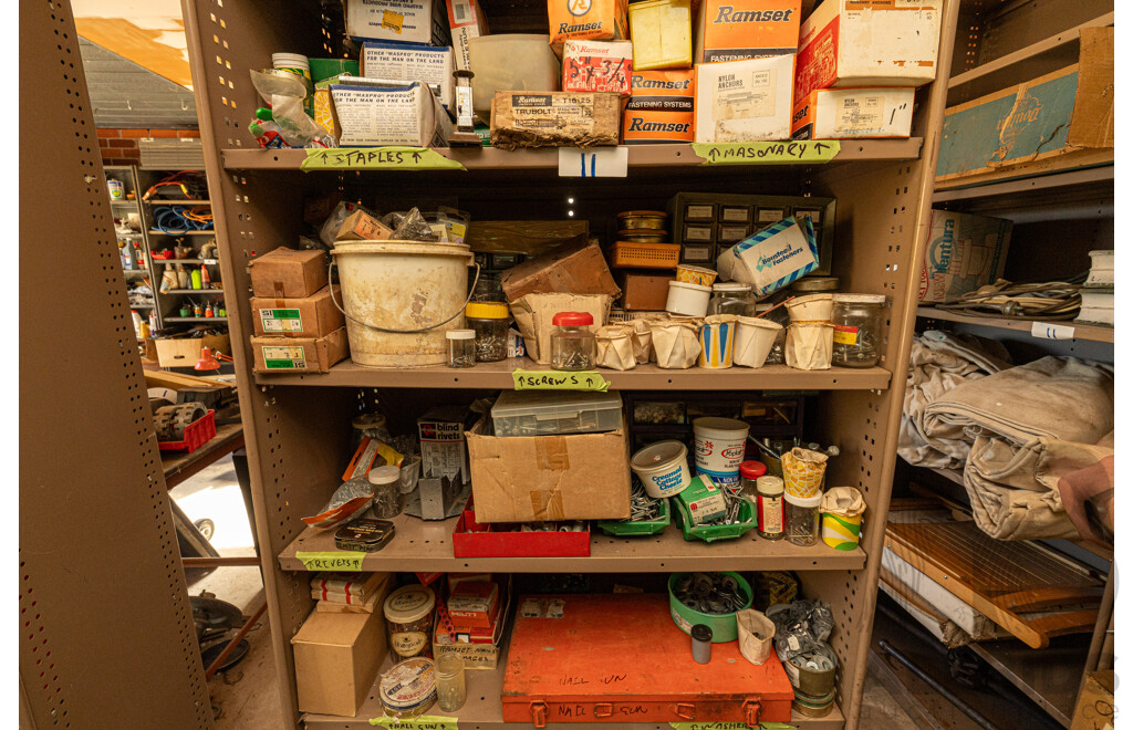 2 Bay of Metal Shelving with Various Hardware ETC