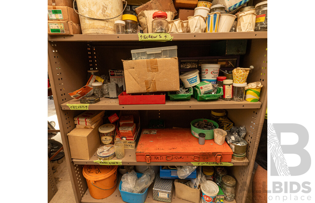 2 Bay of Metal Shelving with Various Hardware ETC