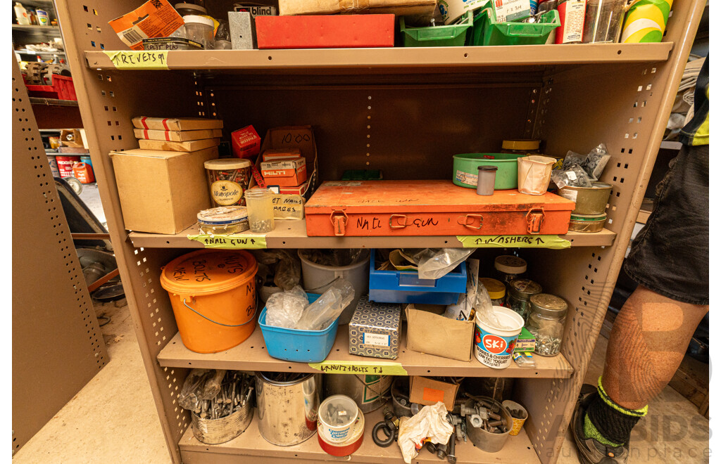 2 Bay of Metal Shelving with Various Hardware ETC