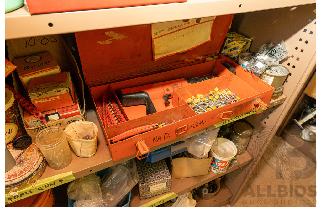 2 Bay of Metal Shelving with Various Hardware ETC