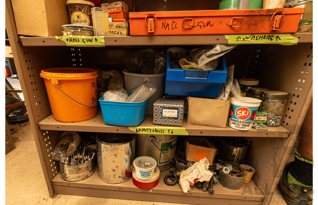 2 Bay of Metal Shelving with Various Hardware ETC