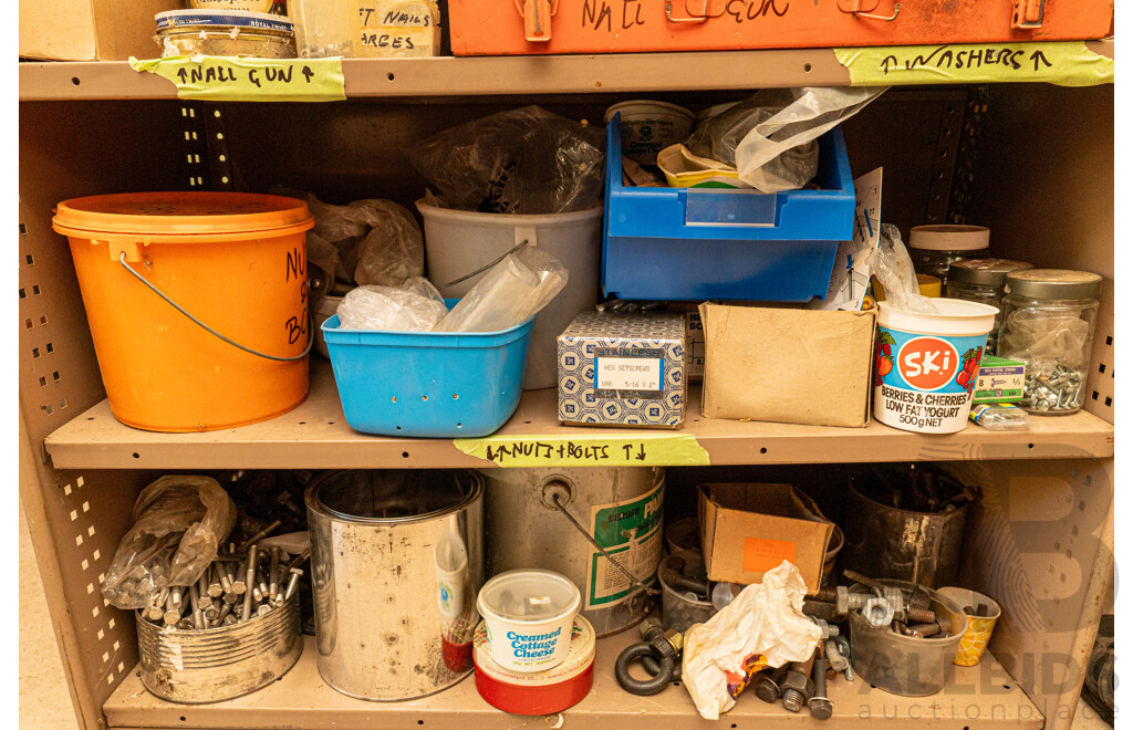 2 Bay of Metal Shelving with Various Hardware ETC