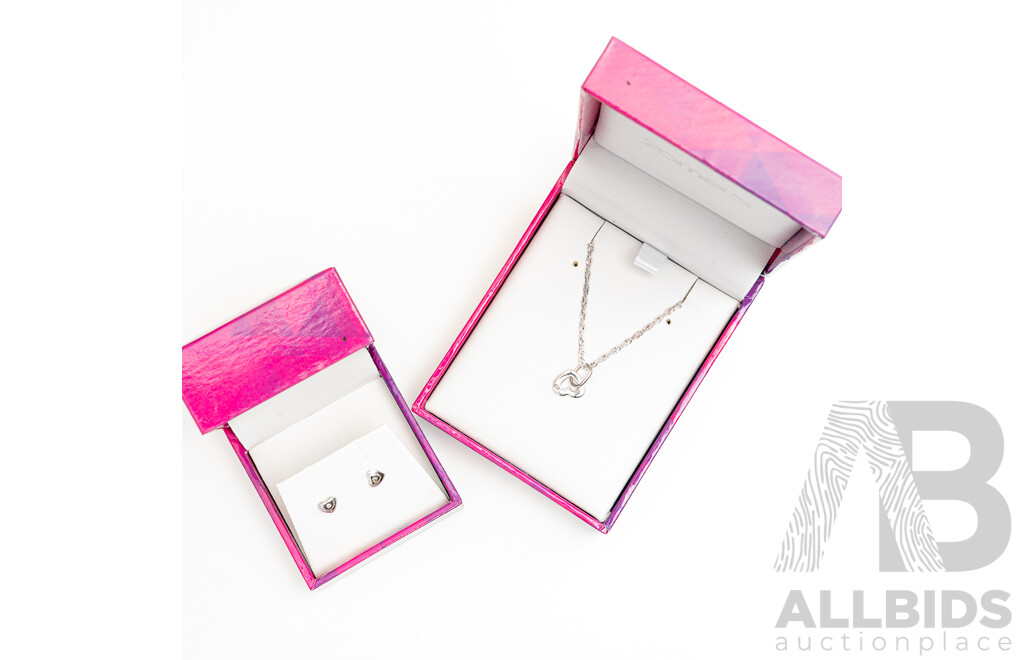 Zamel's Sterling Silver Diamond Set Heart Pendant & Chain with Zamel's Sterling Silver Diamond Set Heart Stud Earrings, New in Box