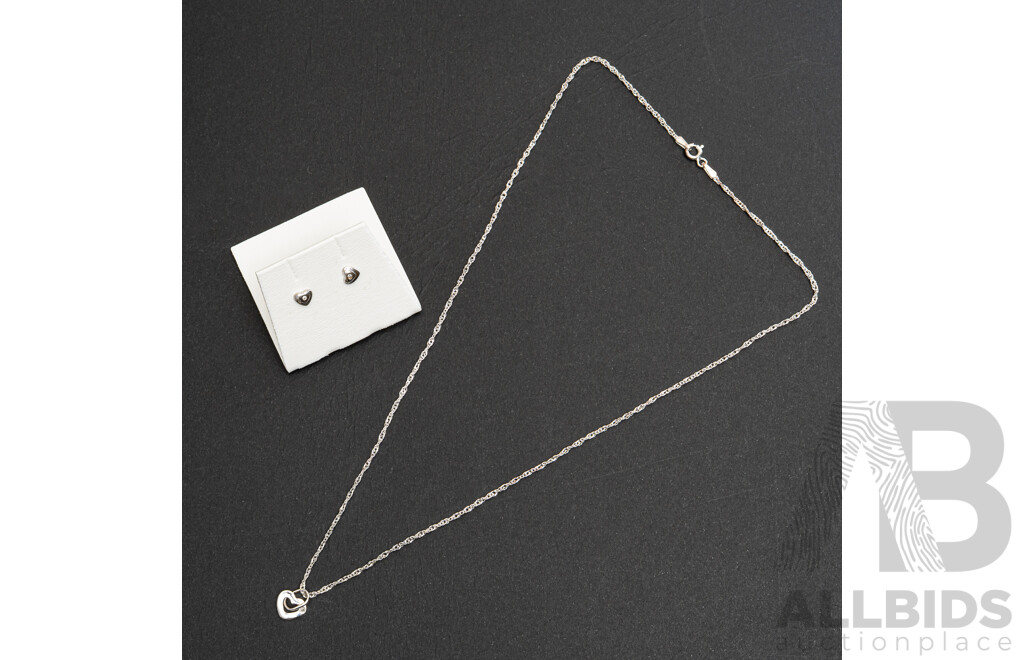 Zamel's Sterling Silver Diamond Set Heart Pendant & Chain with Zamel's Sterling Silver Diamond Set Heart Stud Earrings, New in Box