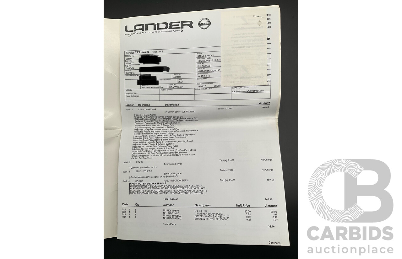 9/2014 Nissan Pulsar ST B17 4d Sedan Diamond White 1.8L