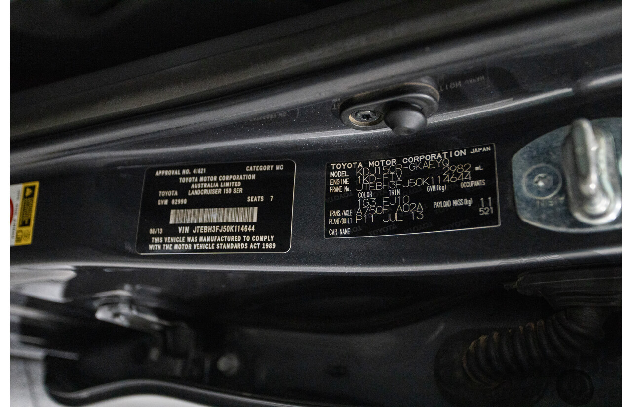 8/2013 Toyota Landcruiser Prado GXL (4x4) KDJ150R 4d Wagon Graphite Metallic Grey Turbo Diesel 3.0L - 7 Seater