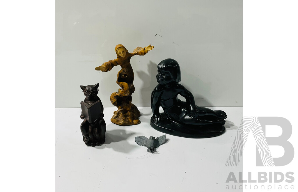 Collection Decorator Items Including Ceramic Sculpture, Ceramic Cat Reading & Gnarled Carved Wood Mary Figure