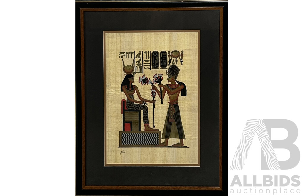 Artist Unknown (20th Century, Egyptian School), Ramses II Offering Lotus Flowers to Goddess Hathor, Handpainted Pigment on Papyrus, 59 x 47 cm (frame)