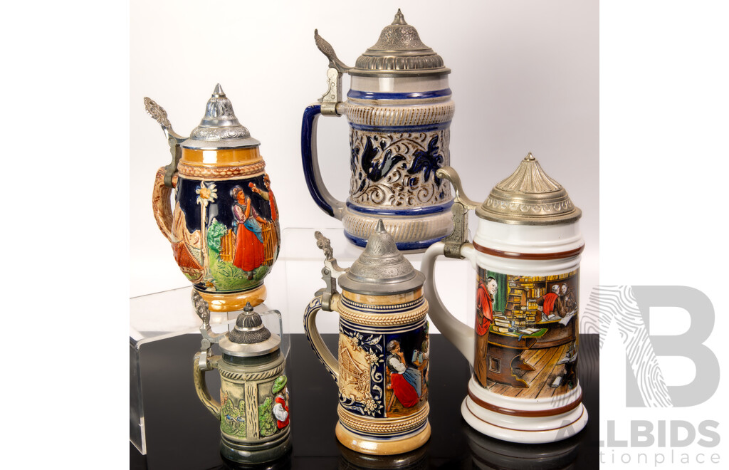 Collection Vintage German Ceramic Beer Steins with Metal Lids