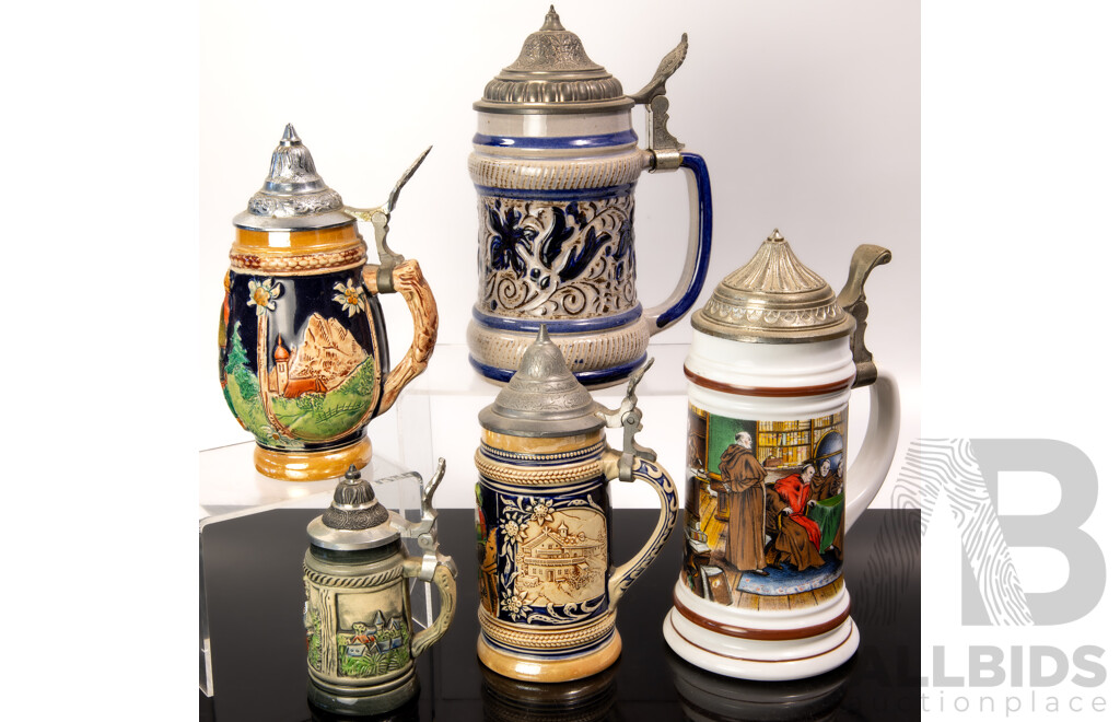 Collection Vintage German Ceramic Beer Steins with Metal Lids