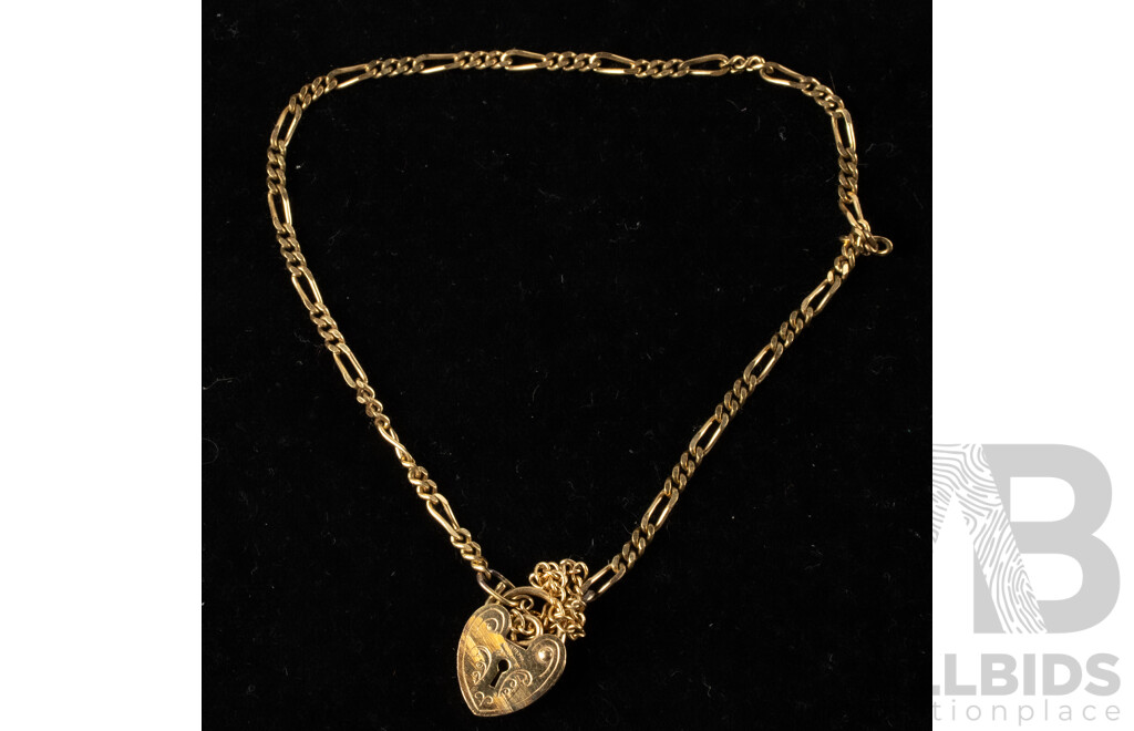 9ct Vintage Fine Figaro 3+1 Bracelet with Heart Padlock Clasp, 19cm, 2.74 Grams