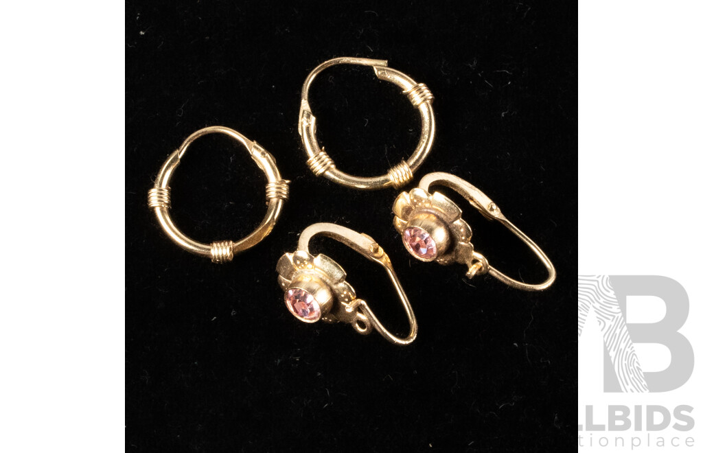 9ct Petite Flower Drop Hook Earrings with Pink Gemstones & 9ct 12mm Hoop Earrings, 1.72 Grams