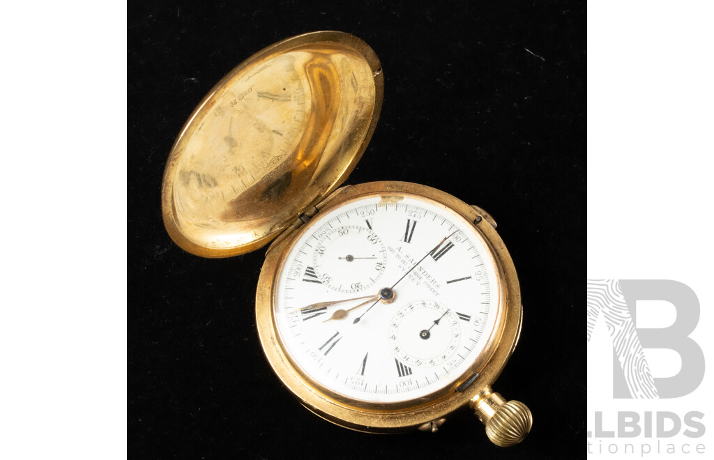 18ct Antique A.Saunders Sydney Yellow Gold 50mm Pocket Watch, Intact and Working (1915), Total Weight 104.86 Grams