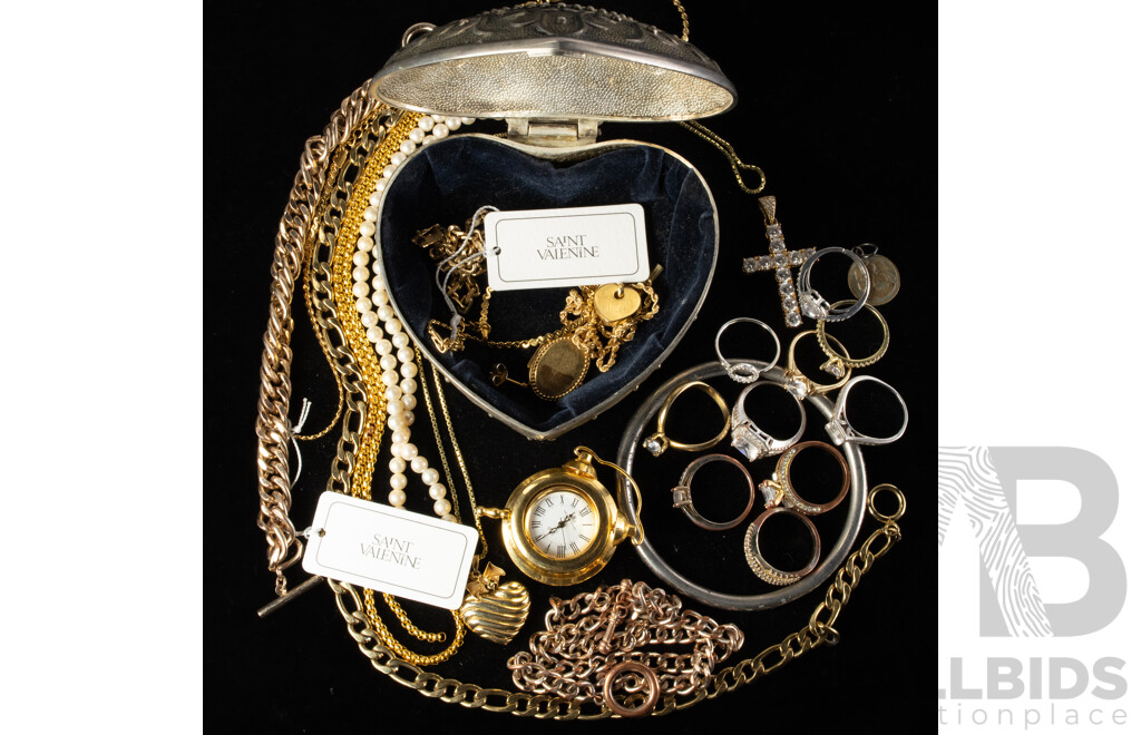 Collection of Costume Jewellery Items in Silver Plated Embossed Heart Shaped Trinket Box