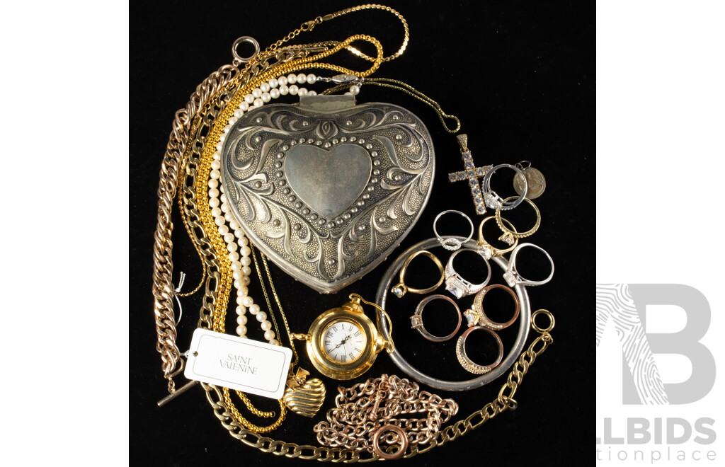 Collection of Costume Jewellery Items in Silver Plated Embossed Heart Shaped Trinket Box