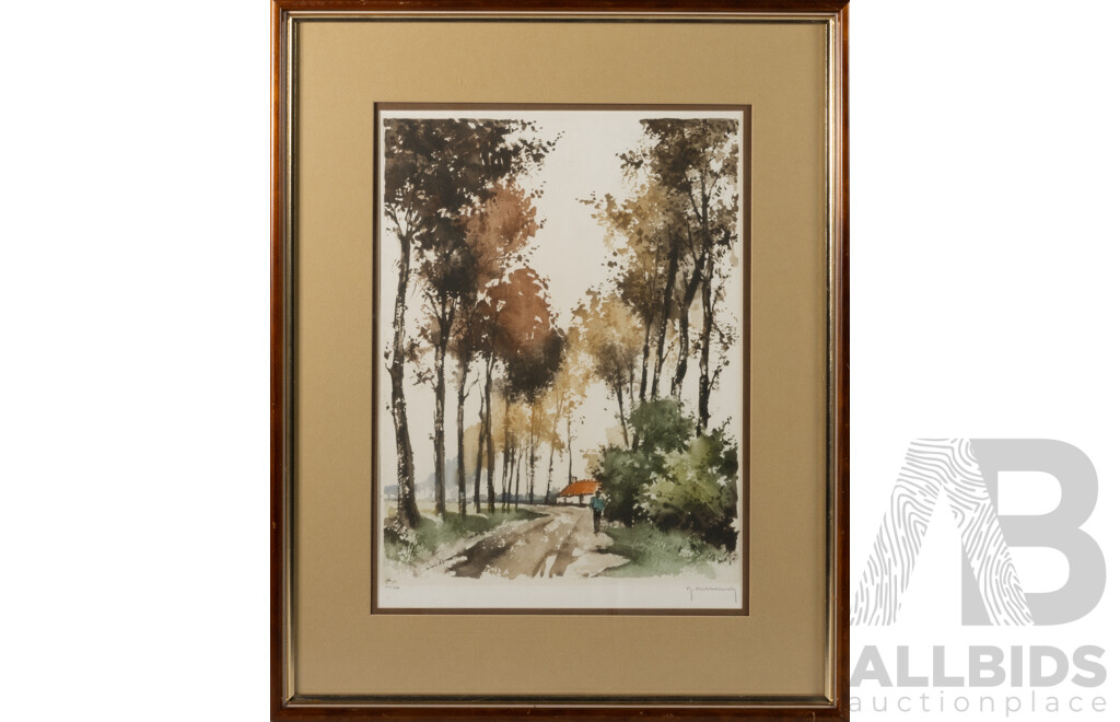 Roger Hebbelinck, (20th Century, Belgian, 1912-1987), Walk Along the Path, Original Vintage Etching with Aquatint, Limited Edition 225 of 350, 65 x 52 cm (frame)