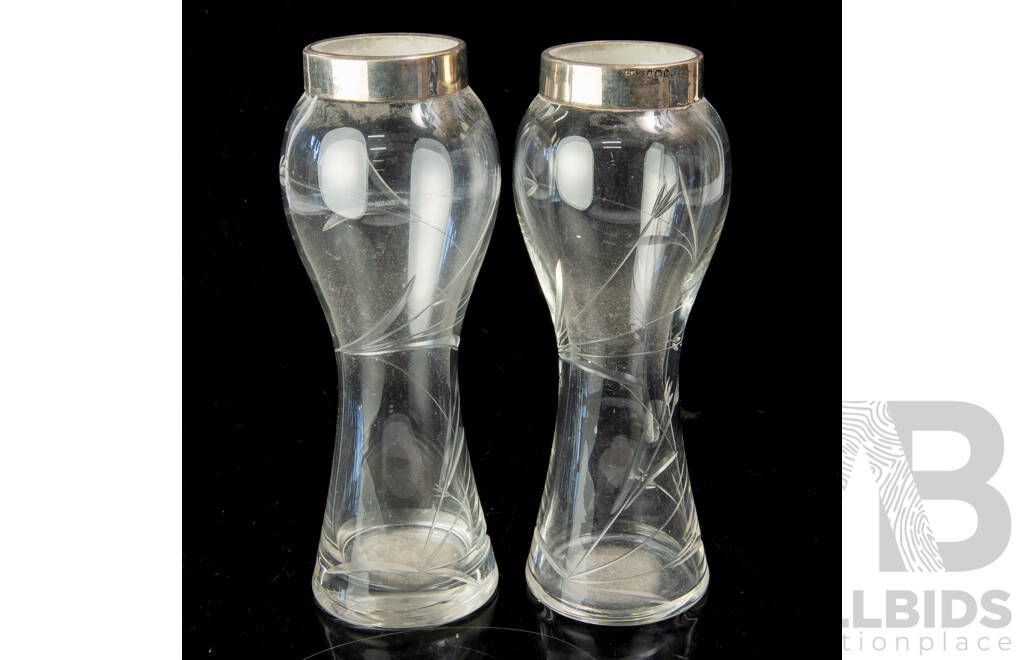 Pair Antique Crystal Vases with Etched Decoration and Sterling Silver Collars, Birmingham 1909